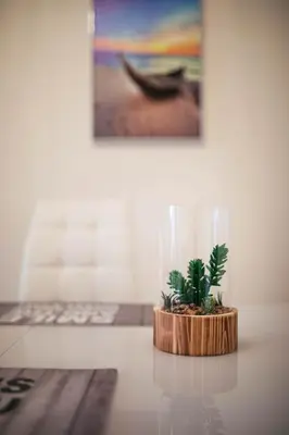 a plant in a glass vase sitting on a table at Takelena Apartments in Limassol