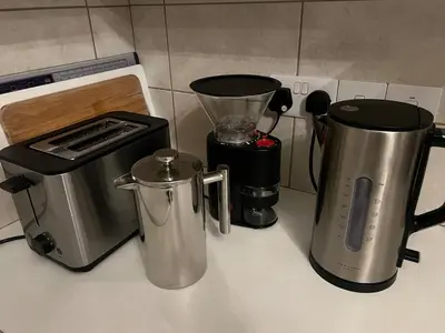 a counter top with a coffee maker and a blender at Gorgeous 1 Bedroom apartment close to Town Centre in Limassol