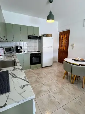 a kitchen with green cabinets and a white refrigerator at Casa Sea Breeze in Larnaka