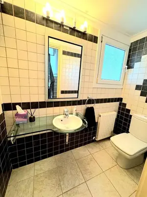 a bathroom with a sink and a toilet and a mirror at Serenity Pool & Garden Villa in Limassol