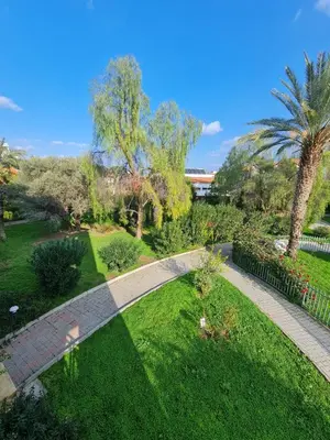 a garden with a pathway and a palm tree at At Patara Site, the heart of Kyrenia in Aglantzia