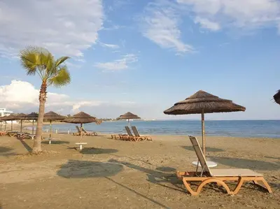 a beach with chairs and umbrellas and a palm tree at Cozy Holiday Apartment with Balcony in Pyla