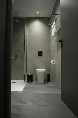 a bathroom with a shower and a toilet at Zen City Suites in Larnaka