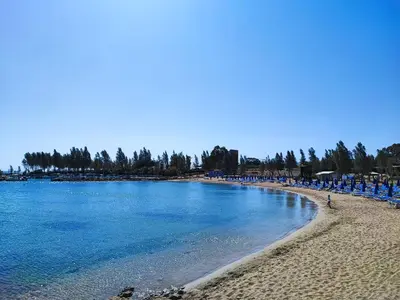 a beach with blue chairs and a group of people at Anemone - walk to the beach in Paralimni