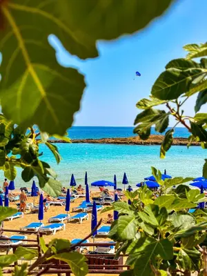 a beach with blue umbrellas and people on it at Silver Sands Beach Hotel in Protaras