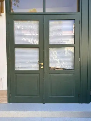 a green door with two windows in a building at Mavrommati Luxury Residence no1 in Limassol