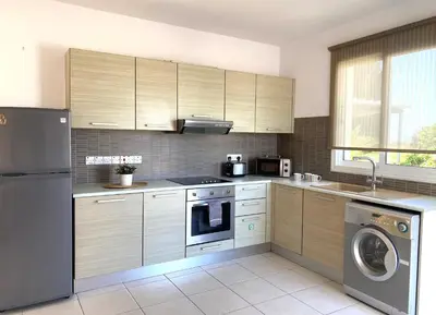 a kitchen with wooden cabinets and a washer and dryer at Athena Holiday Villa DPS01 in Protaras
