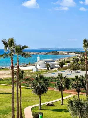 a view of a park with palm trees and the ocean at Nelia Sea Breeze in Ayia Napa