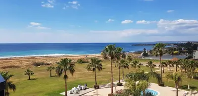 a view of a beach with palm trees and the ocean at Nelia Sea Breeze in Ayia Napa