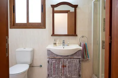 a bathroom with a sink and a toilet and a mirror at Villa Althea, Pool, Mountain Views, BBQ ,Patio in Laneia in Lania