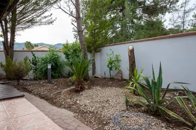 a garden with plants and a white wall at Villa Althea, Pool, Mountain Views, BBQ ,Patio in Laneia in Lania