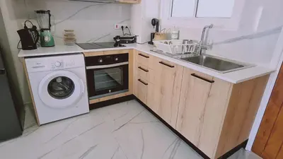 a kitchen with a sink and a washing machine at STAY Azure Dream Apartment in Paralimni