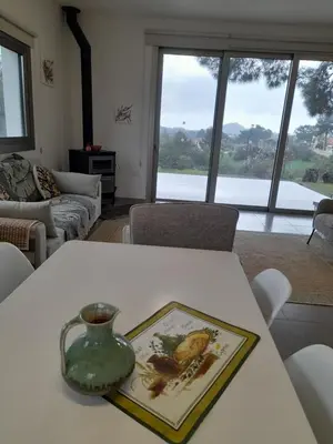 a vase sitting on a table in a living room at Olive & Pinetree House in Lythrodontas