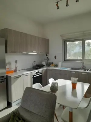 a kitchen with a table and a table and chairs at Olive & Pinetree House in Lythrodontas