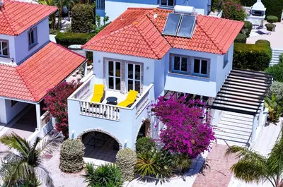 an aerial view of a house with an orange roof at Sunny Villa with Hot Tub, Garden and 2 Bedrooms, 5 Minutes to the Beach in Pyla