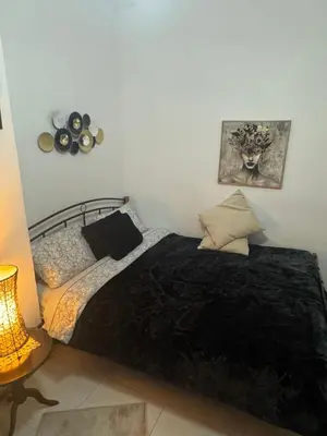 a bedroom with a bed with a black blanket at 2 bedroom apartment 50 meters from the sea in Limassol