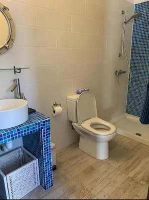 a bathroom with a toilet and a sink and a shower at Elysian Villa in Larnaka