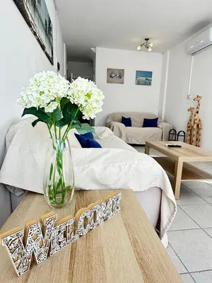 a living room with a vase of flowers on a table at Sunrise Maisonette in Voroklini