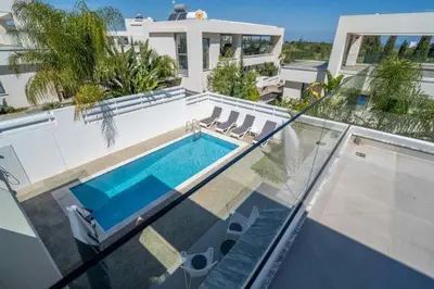 an aerial view of a house with a swimming pool at Panorama Luxury Summer Villa in Protaras