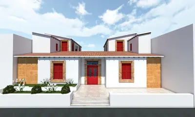 a rendering of a house with red doors at House of The Rose Queen in Dherinia