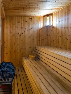 an empty wooden sauna with a tub in it at Pantio Living Villa in Ayia Napa