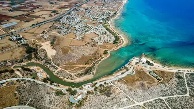 an aerial view of a beach and the ocean at Villa Enaria Serene 3Bdr Retreat in Ayia Thekla in Ayia Napa