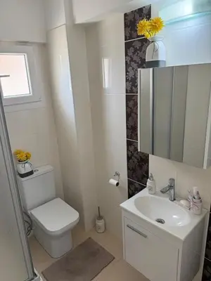 a bathroom with a white toilet and a sink at Two Bedrooms LongBeach SeaView Escape in Paralimni