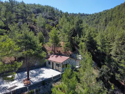 an aerial view of a house in the middle of a forest at Palaiomylos Forest Residence