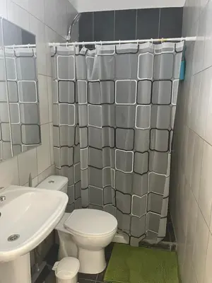 a bathroom with a white toilet and a sink at Panos salt lake apartment in Aglantzia