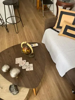 a room with a bed and a table with a cat on it at Panos salt lake apartment in Aglantzia