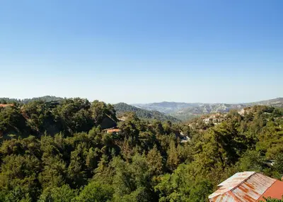 a view of a forest with a house in the foreground at Petit Palais Platres Boutique Hotel in Platres