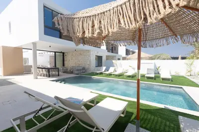 an external view of a villa with a swimming pool at Orea Luxury Villas in Ayia Napa