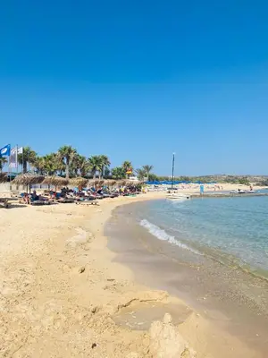 a beach with a bunch of chairs and the ocean at Serenity Apartment with Pool in Paralimni