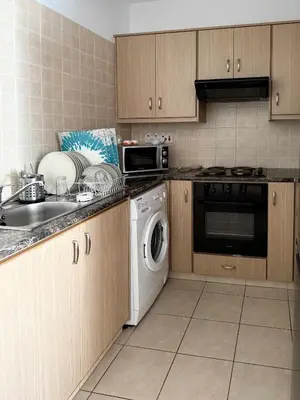 a kitchen with a washing machine and a sink at Serenity Apartment with Pool in Paralimni