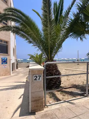 a sign in front of a palm tree on the beach at Sandy Nest Studio in Larnaka