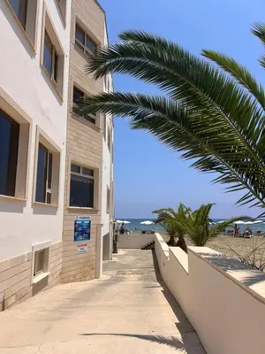 a building on the beach with a palm tree at Sandy Nest Studio in Larnaka