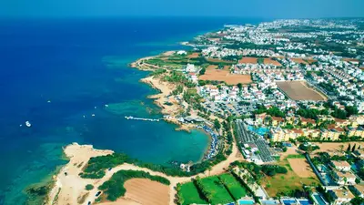 an aerial view of a beach and the ocean at Luxury Elegant Home in Protaras