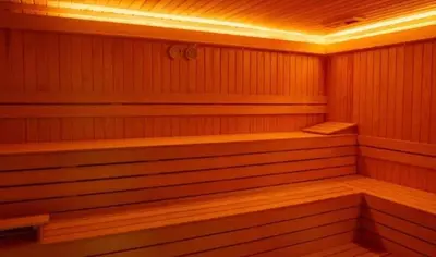 an empty sauna with wooden benches in a room at Northern Cyprus Iskele Bogaz Abelia One plus One Sea View in Boğaz