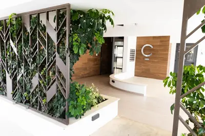 a wall of plants in an office lobby at Cosmos Residence C102 in Paralimni