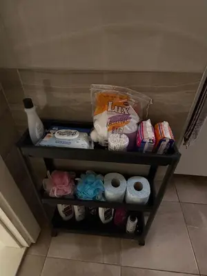 a shelf in a bathroom with some toilet paper at Nicosia's Diamond in Nicosia