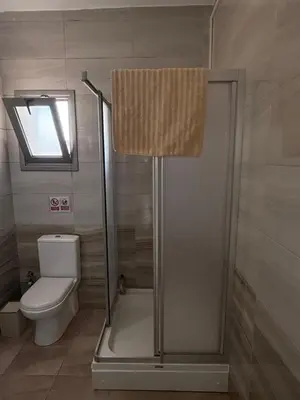 a bathroom with a shower with a toilet and a window at Nicosia's Diamond in Nicosia