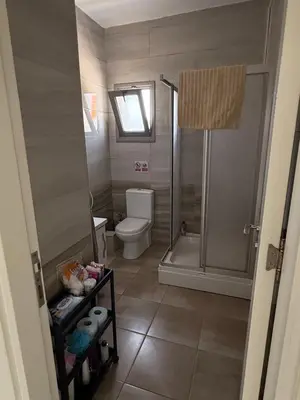 a bathroom with a shower and a toilet and a sink at Nicosia's Diamond in Nicosia