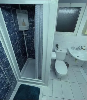 a bathroom with a shower and a toilet and a sink at Comfortable Vacation House in Protaras