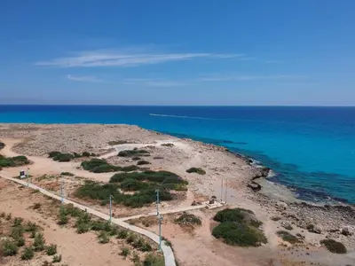 an aerial view of a beach with the ocean at Nissi Cove 2 Bedroom Apartment in Ayia Napa