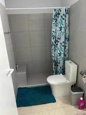 a bathroom with a toilet and a shower curtain at The relaxing apartment in Paralimni