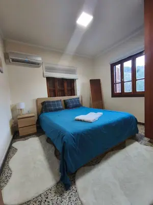 a bedroom with a blue bed with two rugs at Casa del Kampos in Kambos