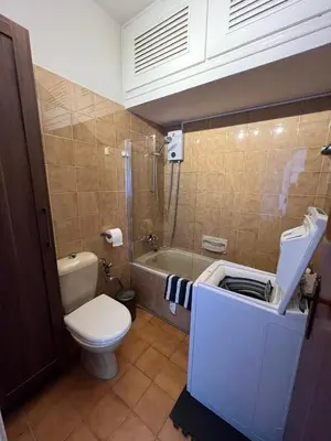 a bathroom with a toilet and a tub and a sink at Zygi Beachfront Retreat! in Zygi