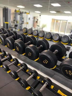 a row of dumbbells are lined up in a gym at Boho Studio mit Meerblick in Boğaz