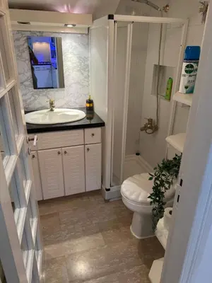 a bathroom with a sink and a toilet at Protaras entire house in Protaras