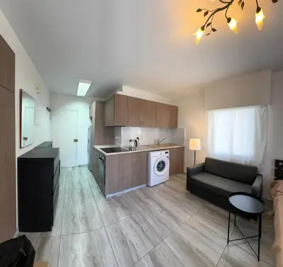 a kitchen with a couch and a sink and a dishwasher at Уютные Апартаменты с Балконом in Limassol